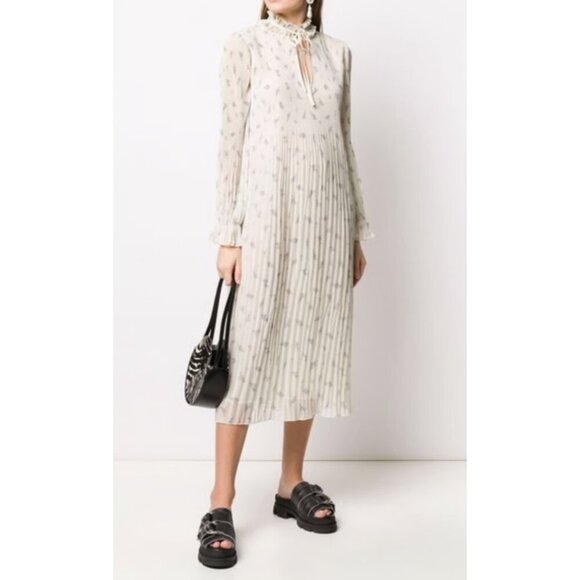 GANNI Pleated Georgette Midi Dress Sz 36/M Feminine Whimsical Cottagecore - Picture 1 of 16
